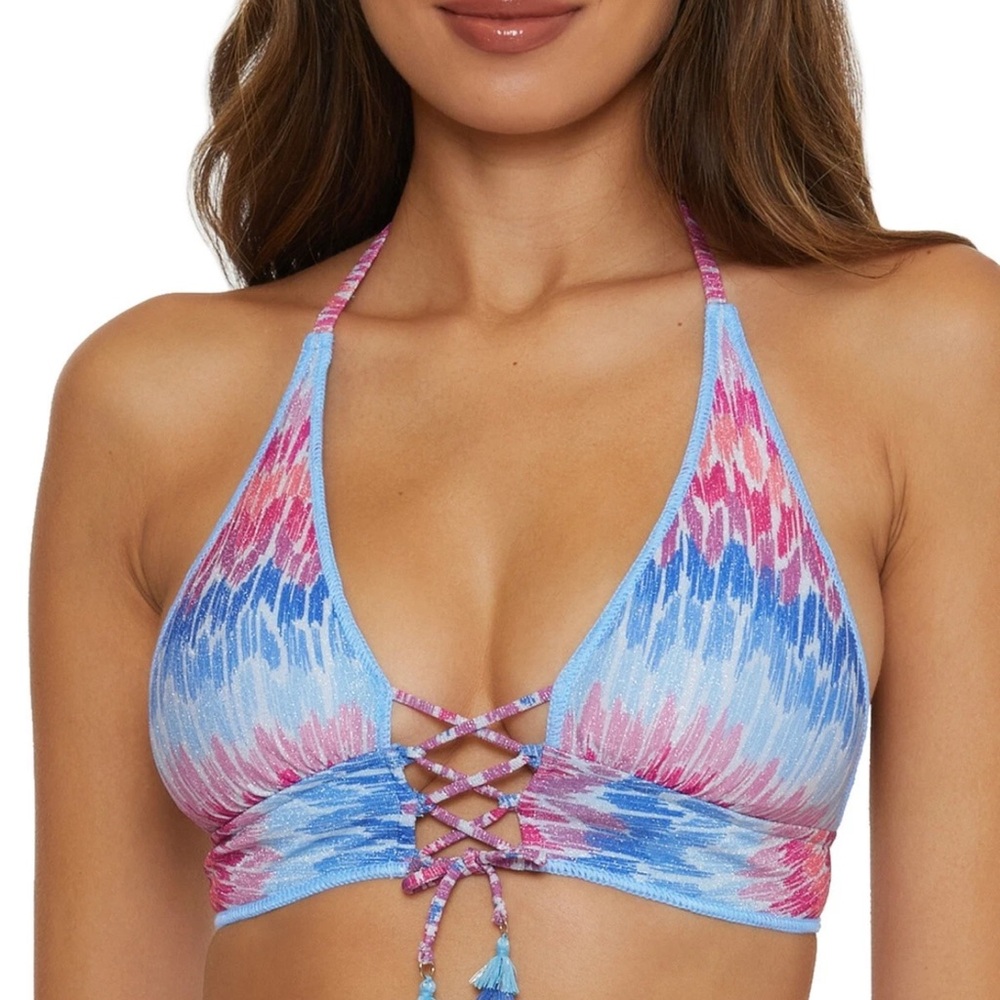 BECCA Lace-up Halter Bikini Set Purple Blue D Cup Top‎ large Bottom Tassels